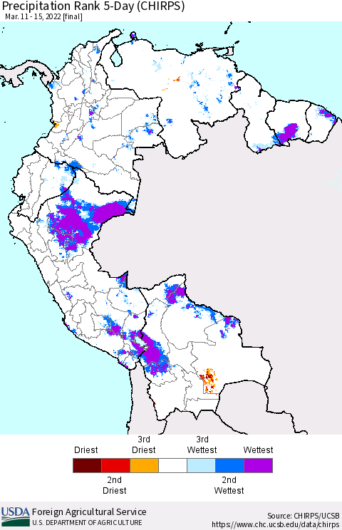 Northern South America Precipitation Rank 5-Day (CHIRPS) Thematic Map For 3/11/2022 - 3/15/2022