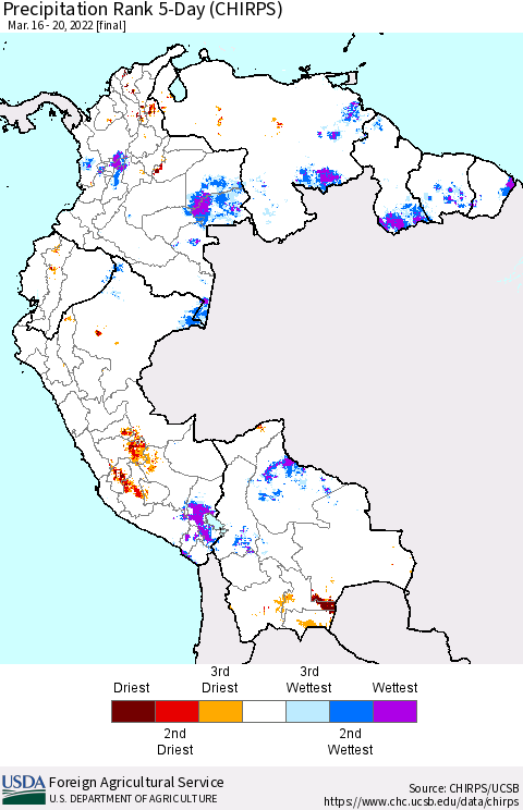 Northern South America Precipitation Rank 5-Day (CHIRPS) Thematic Map For 3/16/2022 - 3/20/2022