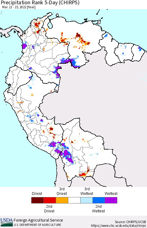 Northern South America Precipitation Rank since 1981, 5-Day (CHIRPS) Thematic Map For 3/21/2022 - 3/25/2022