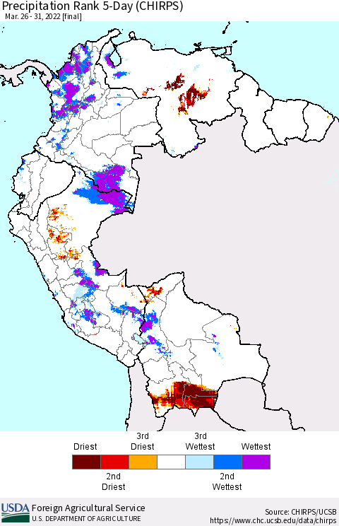 Northern South America Precipitation Rank 5-Day (CHIRPS) Thematic Map For 3/26/2022 - 3/31/2022