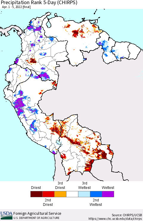 Northern South America Precipitation Rank 5-Day (CHIRPS) Thematic Map For 4/1/2022 - 4/5/2022