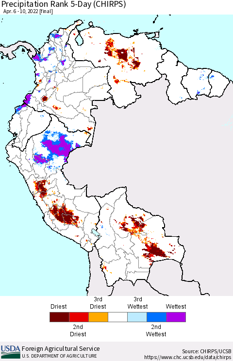 Northern South America Precipitation Rank 5-Day (CHIRPS) Thematic Map For 4/6/2022 - 4/10/2022