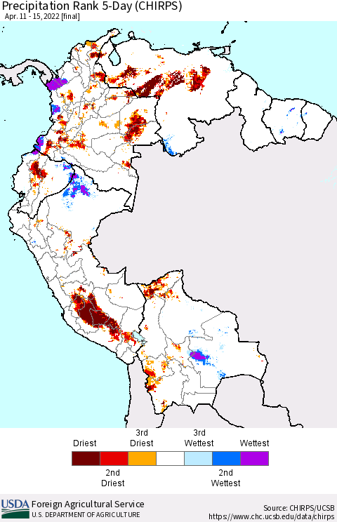 Northern South America Precipitation Rank 5-Day (CHIRPS) Thematic Map For 4/11/2022 - 4/15/2022