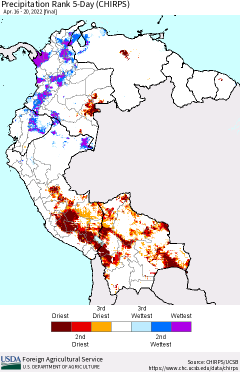 Northern South America Precipitation Rank 5-Day (CHIRPS) Thematic Map For 4/16/2022 - 4/20/2022