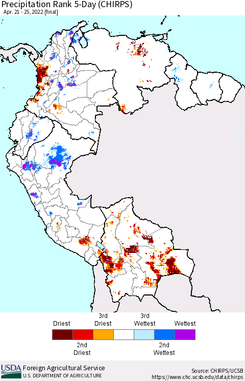 Northern South America Precipitation Rank 5-Day (CHIRPS) Thematic Map For 4/21/2022 - 4/25/2022