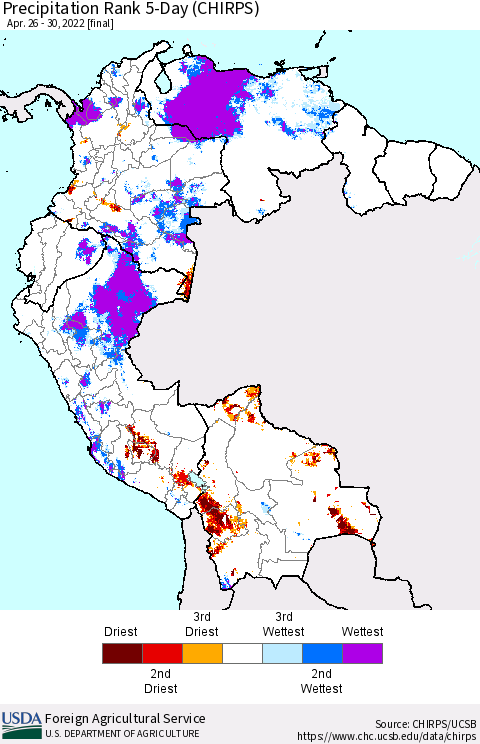 Northern South America Precipitation Rank 5-Day (CHIRPS) Thematic Map For 4/26/2022 - 4/30/2022