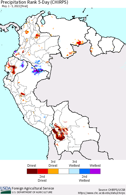 Northern South America Precipitation Rank since 1981, 5-Day (CHIRPS) Thematic Map For 5/1/2022 - 5/5/2022