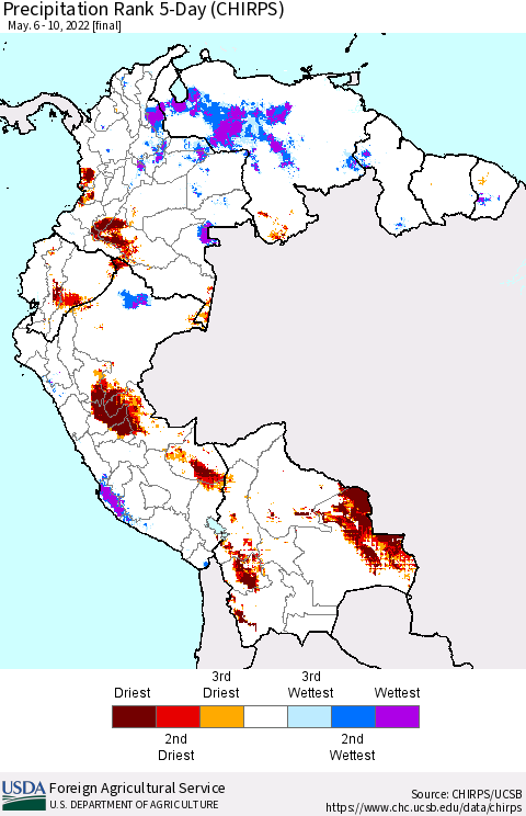 Northern South America Precipitation Rank since 1981, 5-Day (CHIRPS) Thematic Map For 5/6/2022 - 5/10/2022