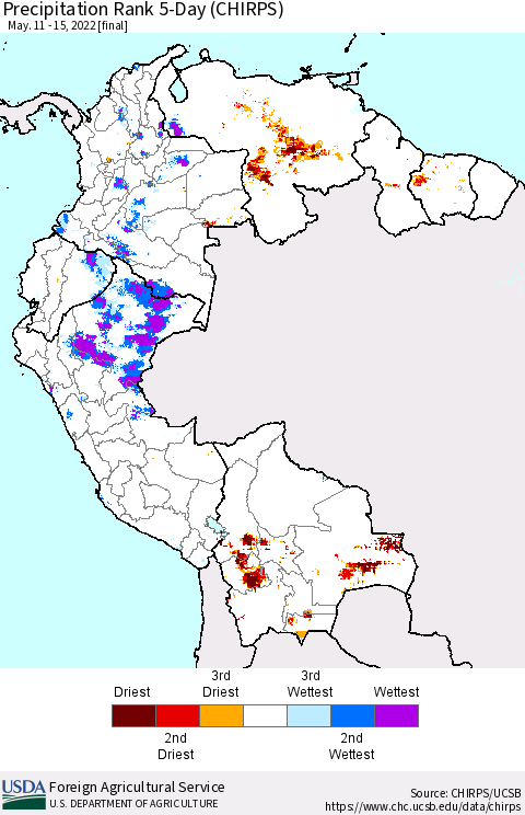 Northern South America Precipitation Rank since 1981, 5-Day (CHIRPS) Thematic Map For 5/11/2022 - 5/15/2022