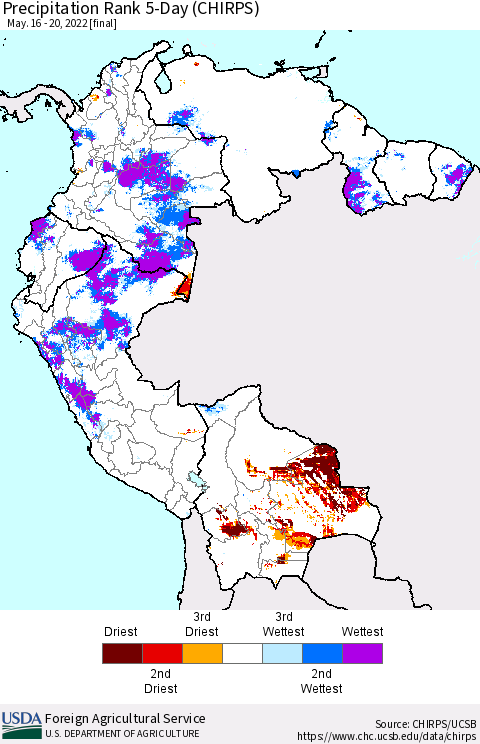 Northern South America Precipitation Rank since 1981, 5-Day (CHIRPS) Thematic Map For 5/16/2022 - 5/20/2022