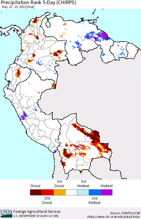 Northern South America Precipitation Rank since 1981, 5-Day (CHIRPS) Thematic Map For 5/21/2022 - 5/25/2022