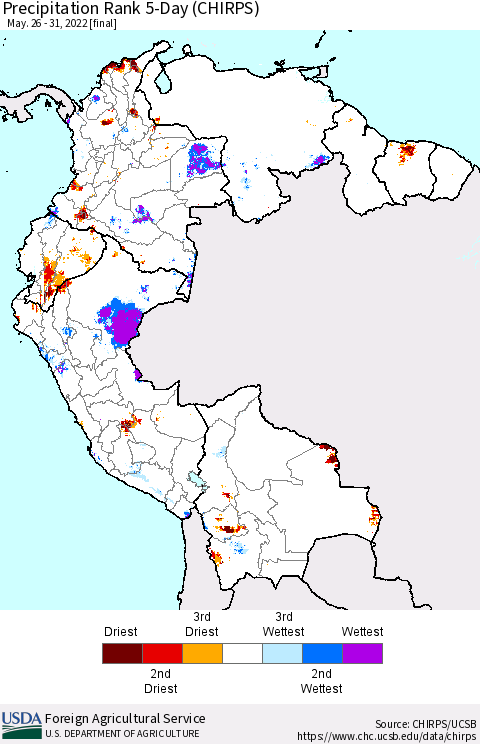 Northern South America Precipitation Rank 5-Day (CHIRPS) Thematic Map For 5/26/2022 - 5/31/2022
