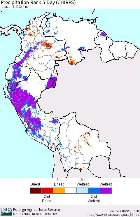 Northern South America Precipitation Rank since 1981, 5-Day (CHIRPS) Thematic Map For 6/1/2022 - 6/5/2022