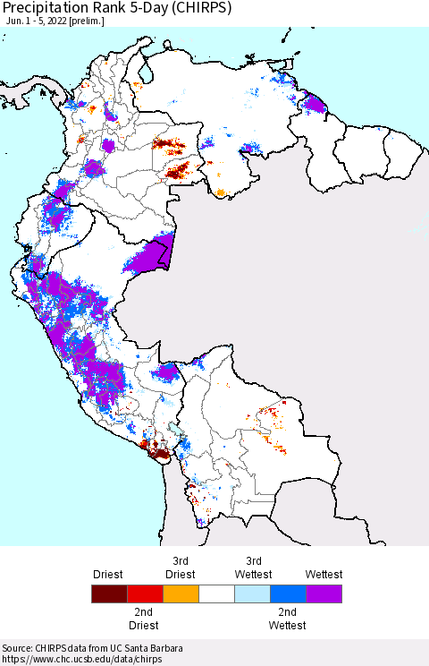 Northern South America Precipitation Rank 5-Day (CHIRPS) Thematic Map For 6/1/2022 - 6/5/2022