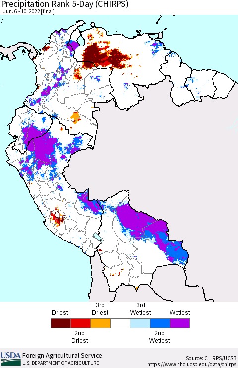 Northern South America Precipitation Rank since 1981, 5-Day (CHIRPS) Thematic Map For 6/6/2022 - 6/10/2022