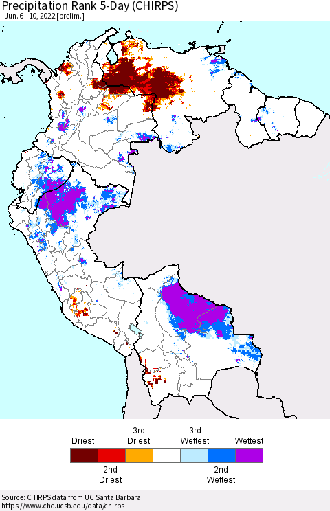 Northern South America Precipitation Rank 5-Day (CHIRPS) Thematic Map For 6/6/2022 - 6/10/2022