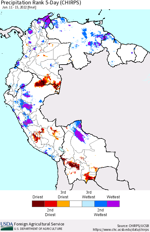 Northern South America Precipitation Rank since 1981, 5-Day (CHIRPS) Thematic Map For 6/11/2022 - 6/15/2022