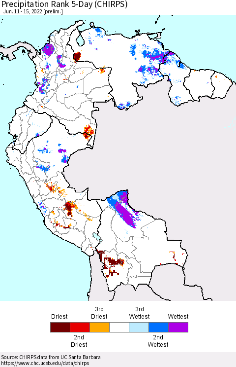 Northern South America Precipitation Rank 5-Day (CHIRPS) Thematic Map For 6/11/2022 - 6/15/2022
