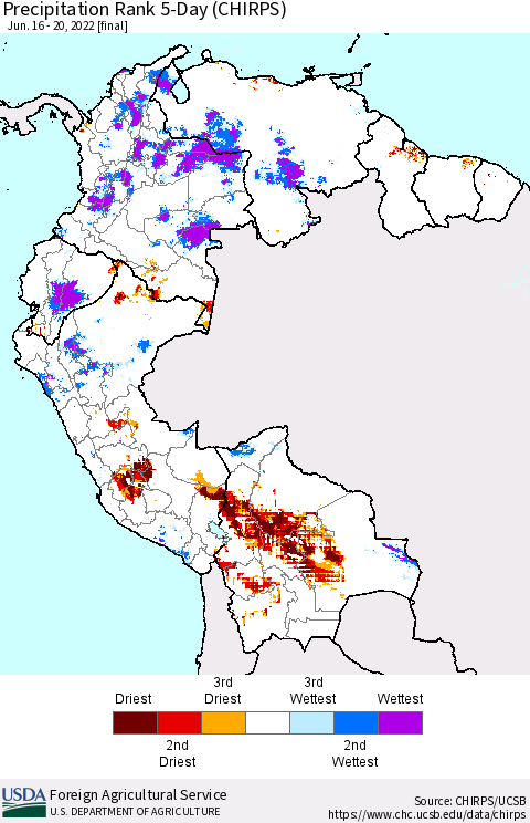 Northern South America Precipitation Rank since 1981, 5-Day (CHIRPS) Thematic Map For 6/16/2022 - 6/20/2022