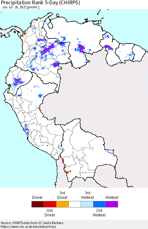 Northern South America Precipitation Rank 5-Day (CHIRPS) Thematic Map For 6/16/2022 - 6/20/2022