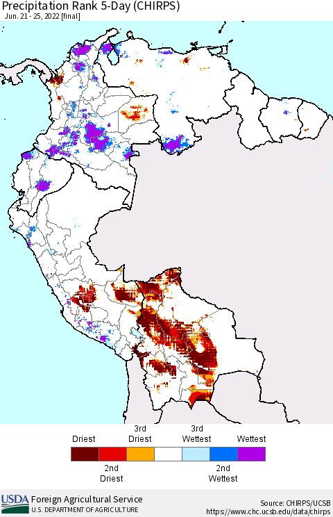 Northern South America Precipitation Rank since 1981, 5-Day (CHIRPS) Thematic Map For 6/21/2022 - 6/25/2022