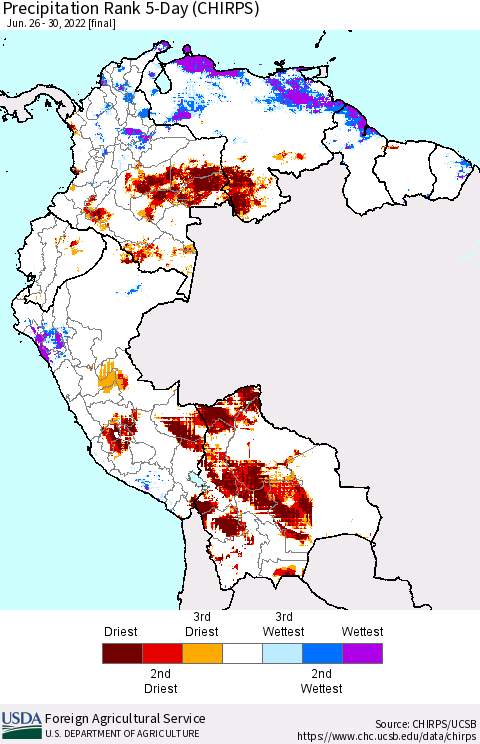 Northern South America Precipitation Rank since 1981, 5-Day (CHIRPS) Thematic Map For 6/26/2022 - 6/30/2022