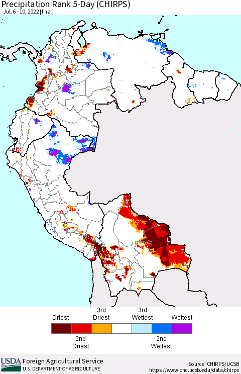 Northern South America Precipitation Rank since 1981, 5-Day (CHIRPS) Thematic Map For 7/6/2022 - 7/10/2022