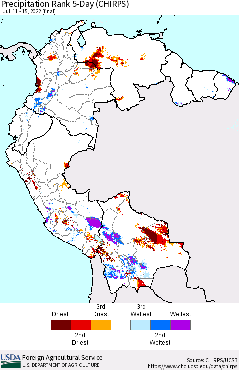 Northern South America Precipitation Rank since 1981, 5-Day (CHIRPS) Thematic Map For 7/11/2022 - 7/15/2022