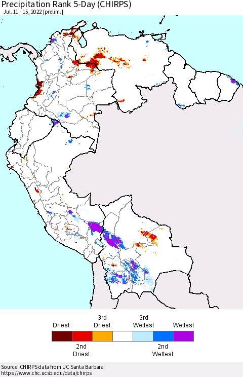 Northern South America Precipitation Rank 5-Day (CHIRPS) Thematic Map For 7/11/2022 - 7/15/2022