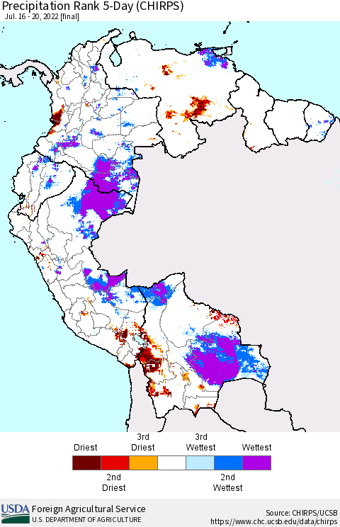 Northern South America Precipitation Rank since 1981, 5-Day (CHIRPS) Thematic Map For 7/16/2022 - 7/20/2022