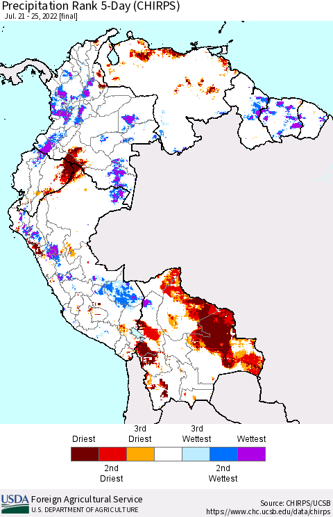 Northern South America Precipitation Rank since 1981, 5-Day (CHIRPS) Thematic Map For 7/21/2022 - 7/25/2022