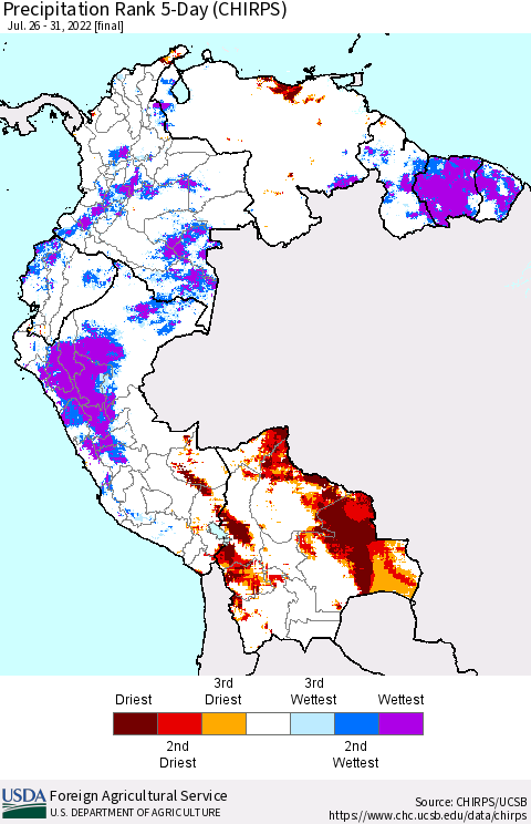 Northern South America Precipitation Rank 5-Day (CHIRPS) Thematic Map For 7/26/2022 - 7/31/2022
