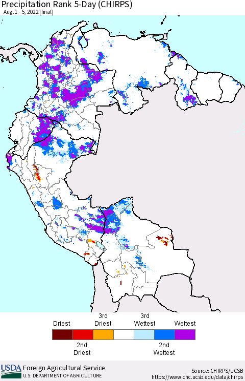 Northern South America Precipitation Rank since 1981, 5-Day (CHIRPS) Thematic Map For 8/1/2022 - 8/5/2022