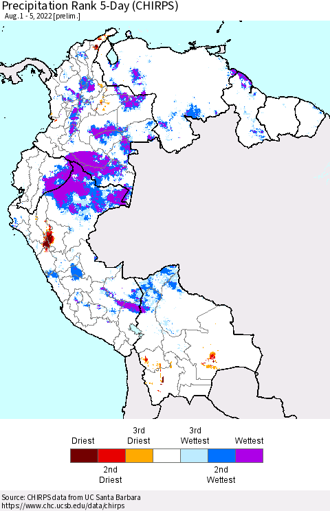 Northern South America Precipitation Rank 5-Day (CHIRPS) Thematic Map For 8/1/2022 - 8/5/2022