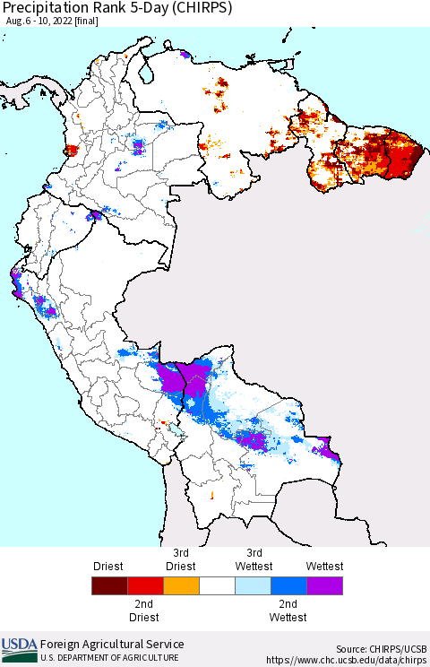 Northern South America Precipitation Rank since 1981, 5-Day (CHIRPS) Thematic Map For 8/6/2022 - 8/10/2022
