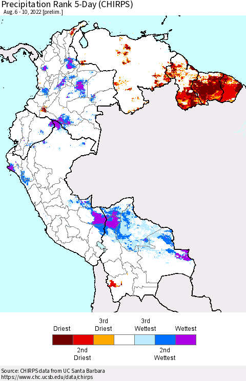 Northern South America Precipitation Rank 5-Day (CHIRPS) Thematic Map For 8/6/2022 - 8/10/2022