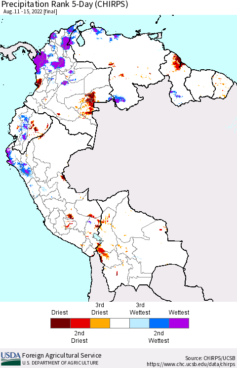 Northern South America Precipitation Rank since 1981, 5-Day (CHIRPS) Thematic Map For 8/11/2022 - 8/15/2022