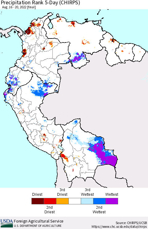 Northern South America Precipitation Rank since 1981, 5-Day (CHIRPS) Thematic Map For 8/16/2022 - 8/20/2022