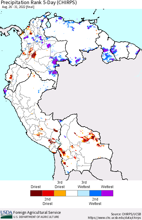 Northern South America Precipitation Rank since 1981, 5-Day (CHIRPS) Thematic Map For 8/26/2022 - 8/31/2022