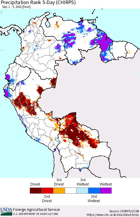 Northern South America Precipitation Rank since 1981, 5-Day (CHIRPS) Thematic Map For 9/1/2022 - 9/5/2022