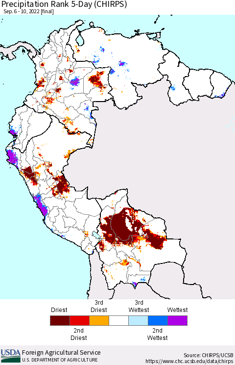 Northern South America Precipitation Rank since 1981, 5-Day (CHIRPS) Thematic Map For 9/6/2022 - 9/10/2022