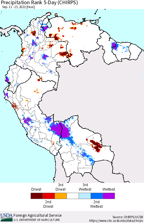 Northern South America Precipitation Rank since 1981, 5-Day (CHIRPS) Thematic Map For 9/11/2022 - 9/15/2022