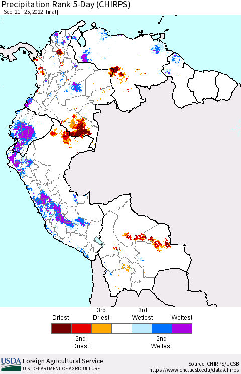 Northern South America Precipitation Rank since 1981, 5-Day (CHIRPS) Thematic Map For 9/21/2022 - 9/25/2022