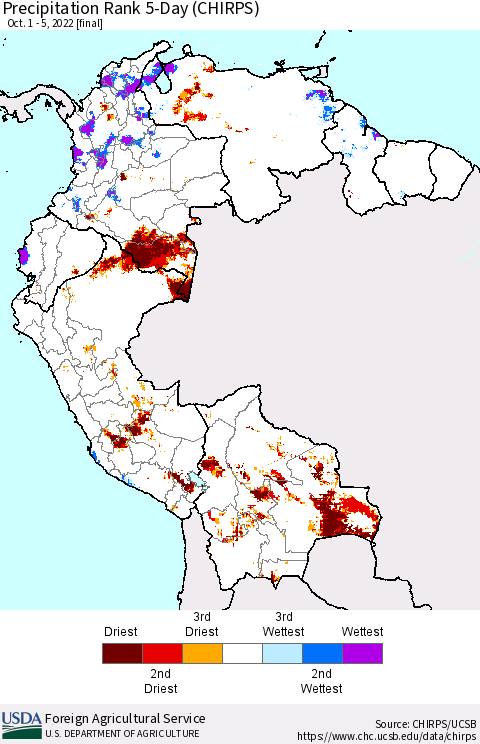Northern South America Precipitation Rank since 1981, 5-Day (CHIRPS) Thematic Map For 10/1/2022 - 10/5/2022