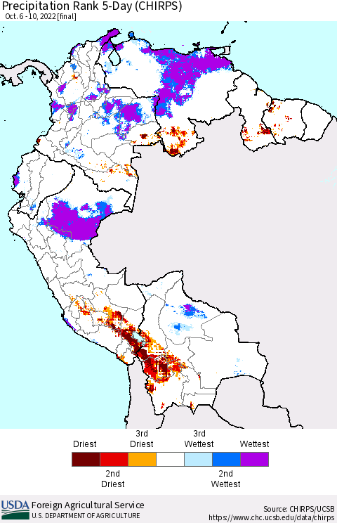 Northern South America Precipitation Rank since 1981, 5-Day (CHIRPS) Thematic Map For 10/6/2022 - 10/10/2022