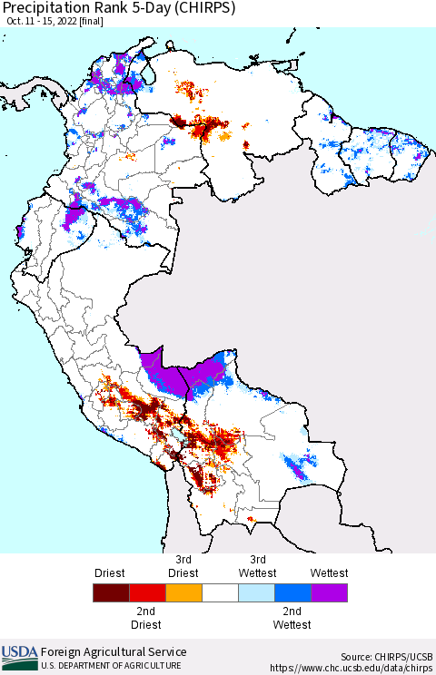 Northern South America Precipitation Rank since 1981, 5-Day (CHIRPS) Thematic Map For 10/11/2022 - 10/15/2022