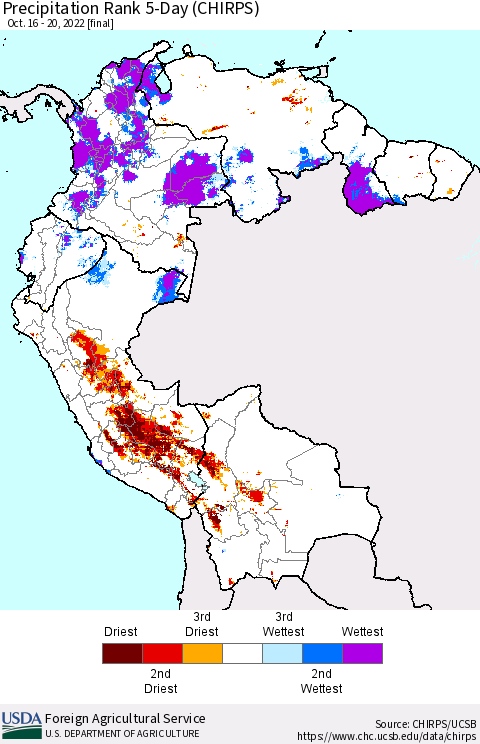 Northern South America Precipitation Rank since 1981, 5-Day (CHIRPS) Thematic Map For 10/16/2022 - 10/20/2022