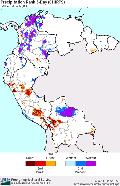 Northern South America Precipitation Rank since 1981, 5-Day (CHIRPS) Thematic Map For 10/21/2022 - 10/25/2022