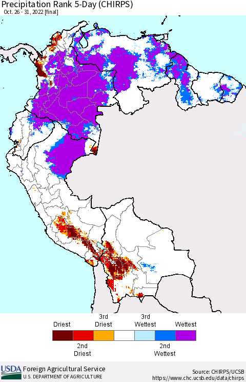 Northern South America Precipitation Rank since 1981, 5-Day (CHIRPS) Thematic Map For 10/26/2022 - 10/31/2022