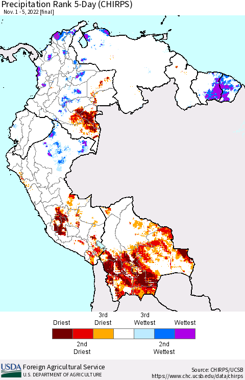 Northern South America Precipitation Rank since 1981, 5-Day (CHIRPS) Thematic Map For 11/1/2022 - 11/5/2022